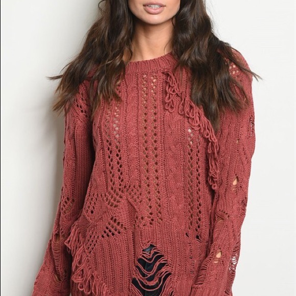 Distressed Cableknit Sweater in Marsala - Picture 3 of 3